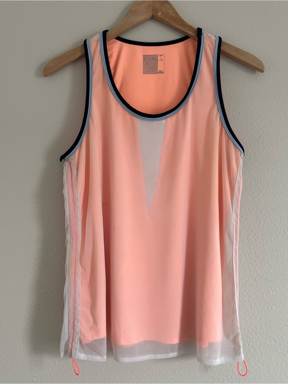 Lucky in Love Peach Mesh Tank with Navy Trim